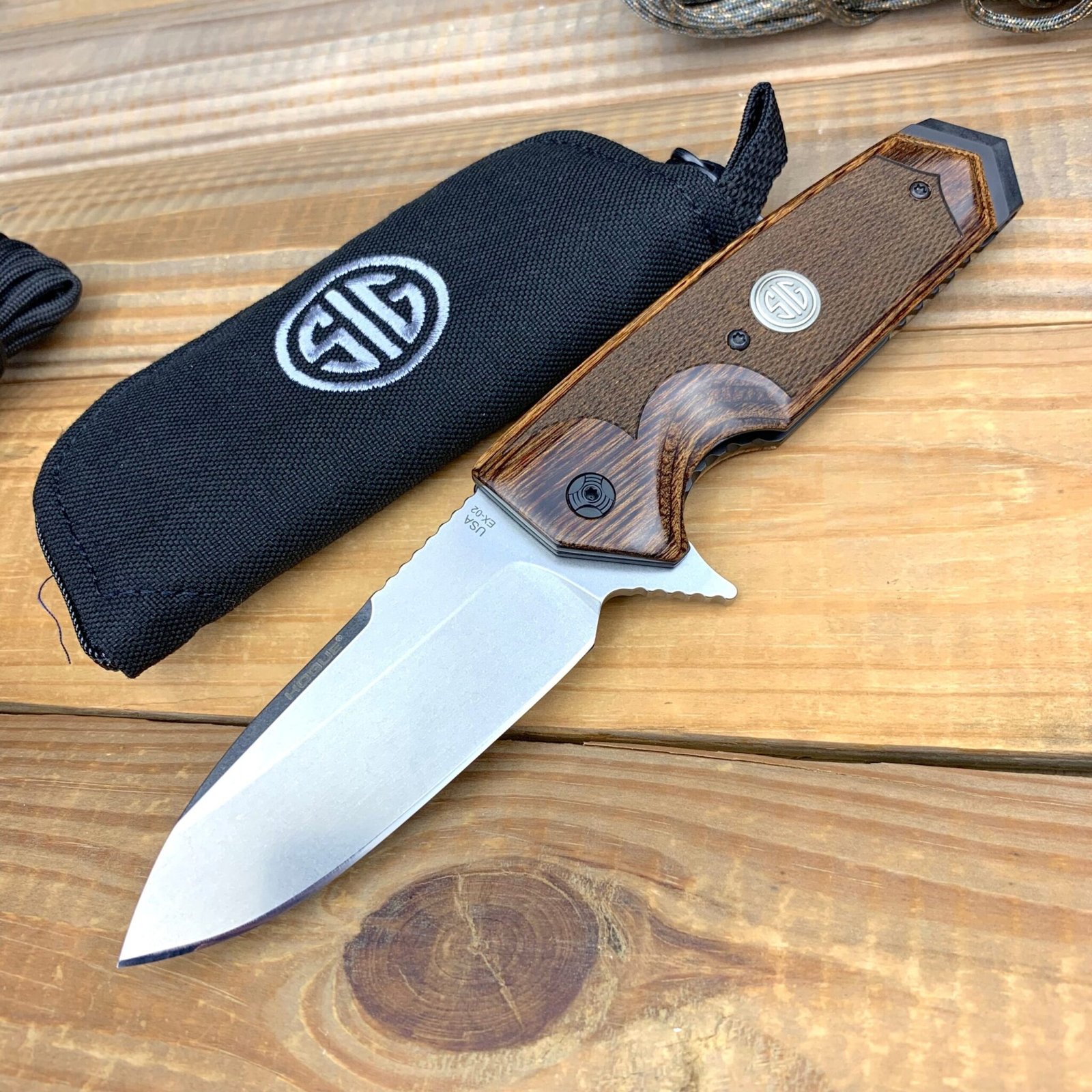 SIG Sauer by Hogue EX-02 ASE Flipper Spear Point Blade with Reinforced Checkered Walnut Scales