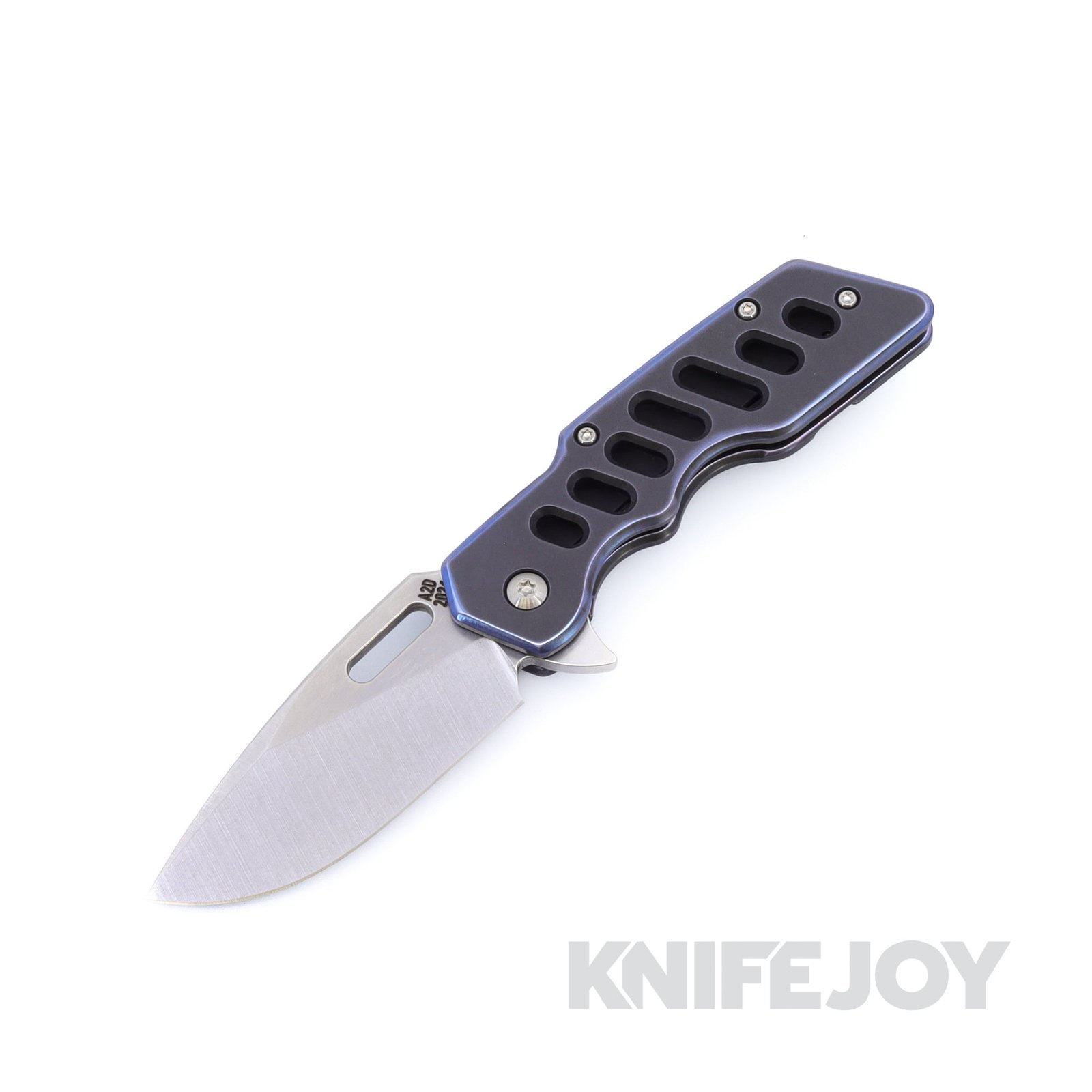 Attn2Detail Mercantile Knives Mark 1 Medium Stonewash Satin Magnacut Drop Point Rising Grind Blade with Blackwash / Blurple Speedhole Titanium Handles