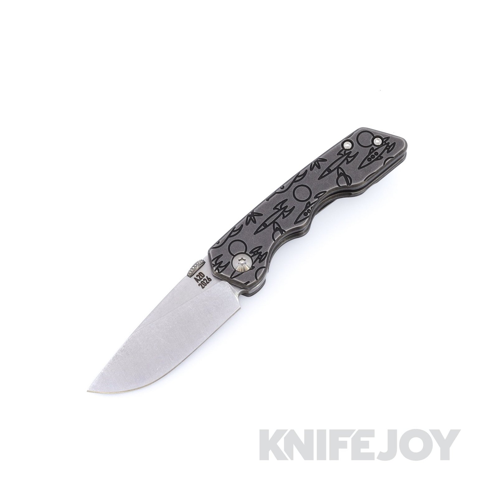 Attn2Detail Mark 3 Small Framelock Satin Stonewashed S35VN Drop Point Rising Grind with "Atomic Age Blackwash Titanium Handles