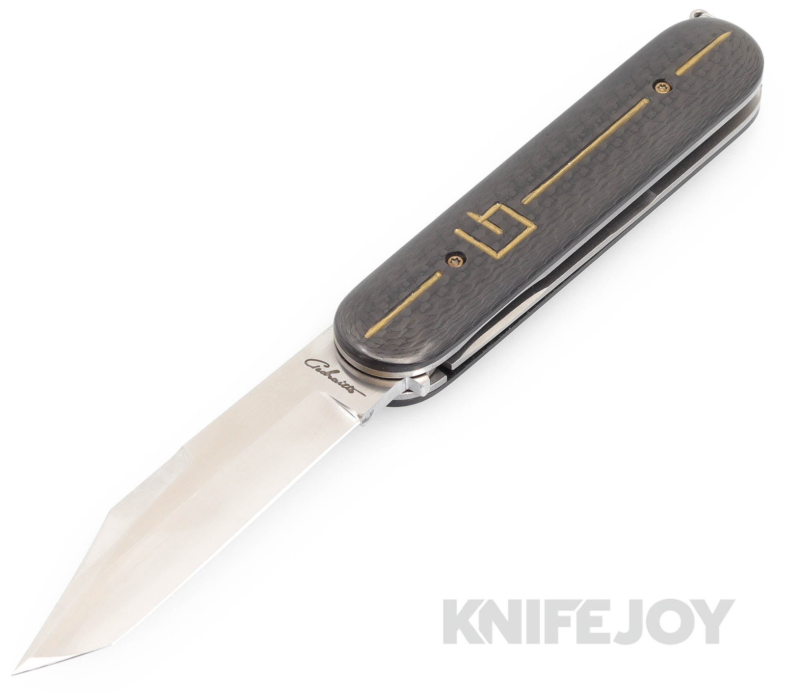 Chuck Gedraitis Custom Knives Switch Army Switchblade Knife Tanto AEB-L Blade with Carbon Fiber w/ Gold Inlays Handles/ Titanium Liners
