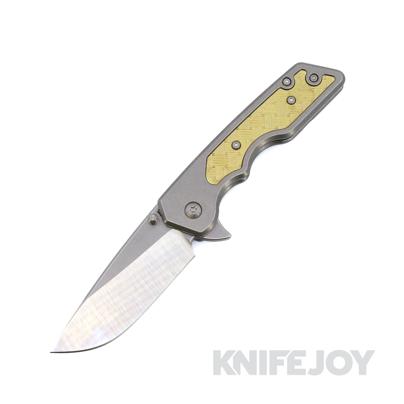 Attn2Detail Mercantile Knives Custom MK3 Medium Two-Tone Magnacut Drop Point Rising Grind Blade with Basket Weave Textured Brass Inlay Titanium Handles