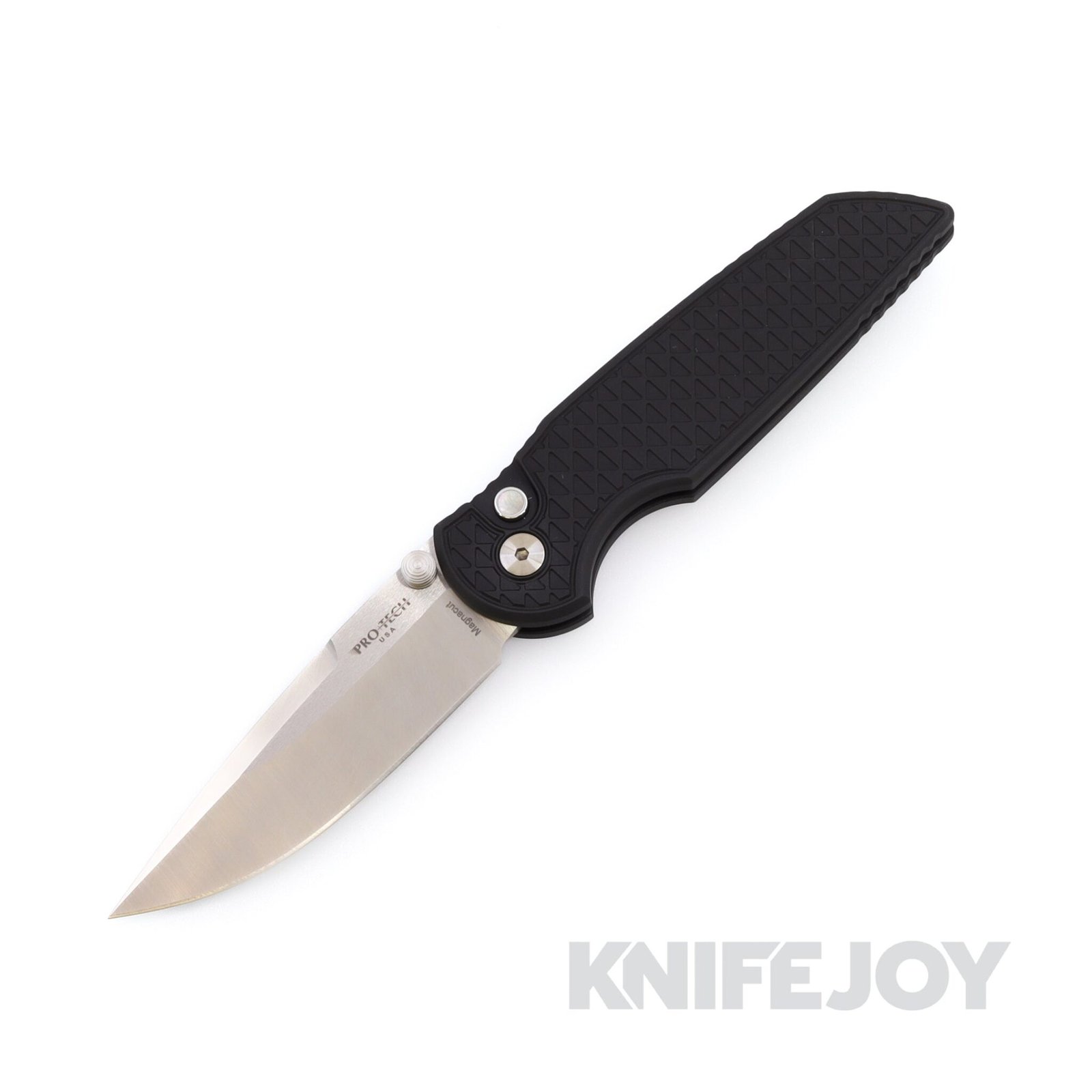 Pro-tech Knives Tactical Response 3 Integrity Double Thumbstud Manual Machine Satin Magnacut Blade with Black Relic Textured Handle and Satin Hardware with a Black Lip Pearl Button