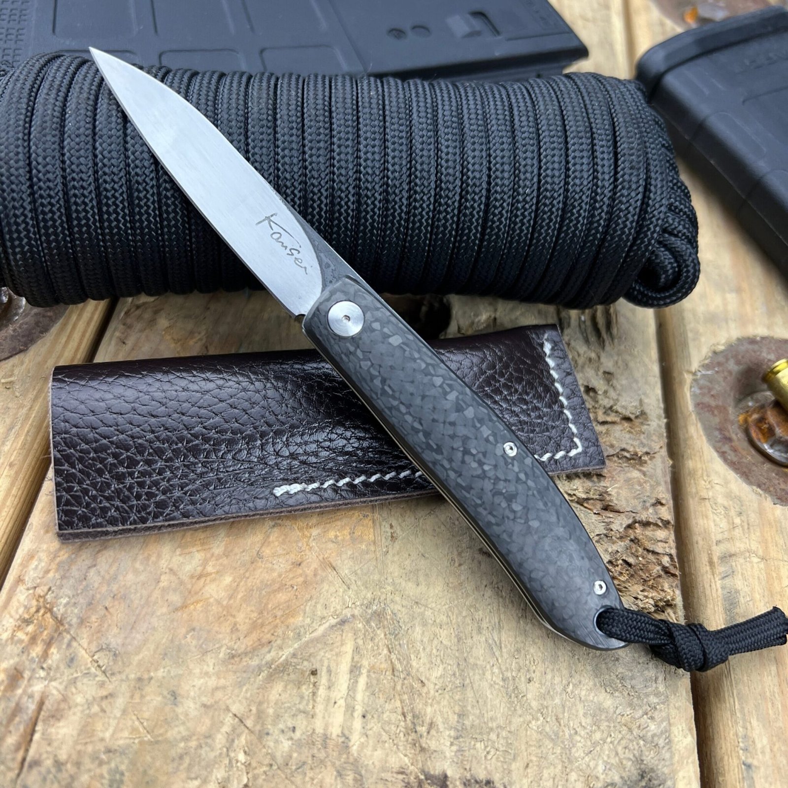 Kansei Matsuno Custom Knives Carbon Fiber Friction Folder with Two-Tone Blade