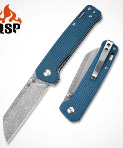 QSP Penguin QS130 Exclusive Blue Linen Micarta with Wave Pattern Damascus Steel Blade