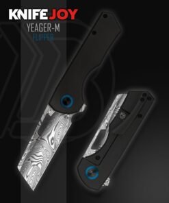 Brian Brown Knives Yeager-M Flipper KnifeJoy Exclusive Damasteel Blade with PVD Black Handles and Blue Ano Pivot